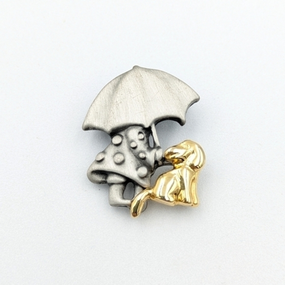 Vintage signed Plumo little girl with umbrella and dog brooch pin